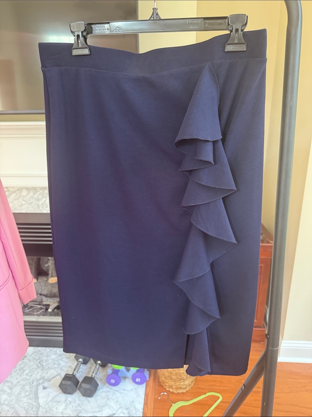 Melissa Paige Navy Ruffle-Trim Midi Pencil Skirt